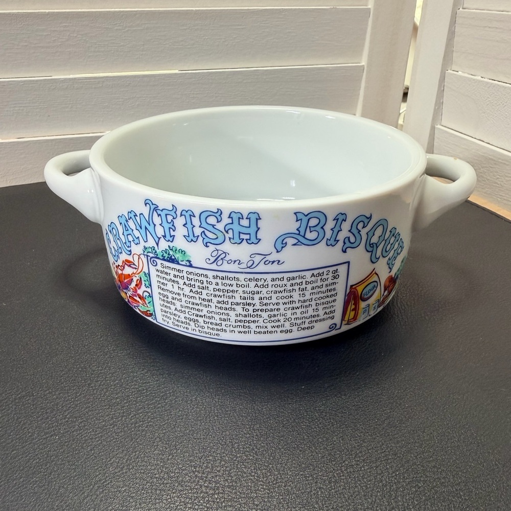 Vintage Crawfish Bisque Ceramic Soup Bowl - 5” with recipe printed